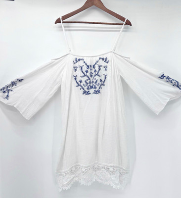 Grecian Dress PXL White Blue Embroidered Lace Trim Boho cover up beach resort