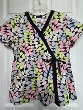 Cherokee Scrub Top size L-Pastel/Black Floral Mock Wrap -Chest 22.5"/L 26.5"