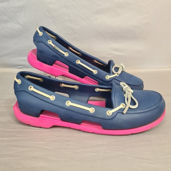 CROCS Beach Line Boat Women Size 10 Blue Navy Fusia Pink Loafers Nautical 
