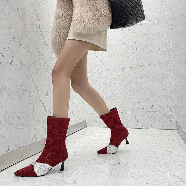 Para mujeres Vestido Fiesta Pull On Botines Lentejuelas Gatito Tacones Punta Zapatos Foto 4 de 4