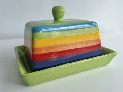 Namaste Regenbogen Streifen Keramik Butterdose Fair Trade handbemalt Thailand Box