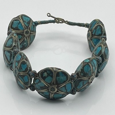 Antikes Art Deco Tibetisches Türkis Mosiak Handgeknüpft Armband mit T-Steg