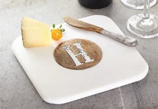 Mud Pie Cheese Board H Initial Marble Wood Spreader Set White Brown Silver