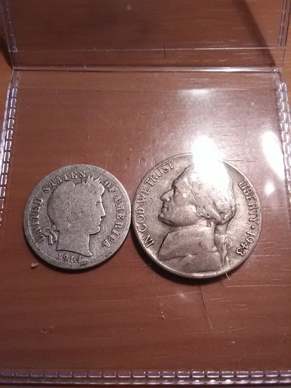 1914 Barber Dime and a 1943-P Silver Nickel. Below Melt Value