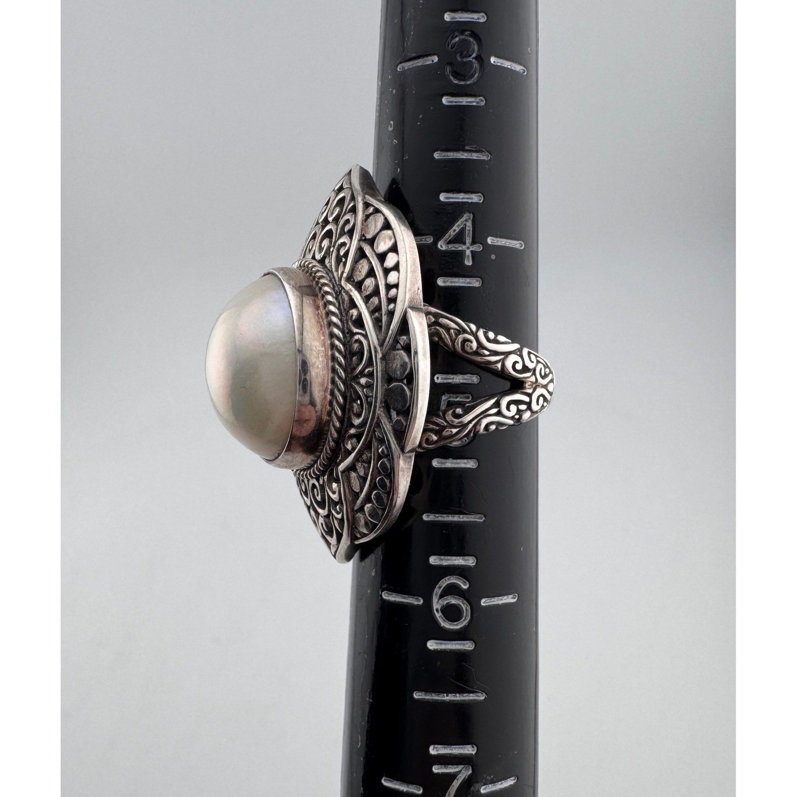 Ornate 925 Silver Statement Ring with Large Iride… - image 2