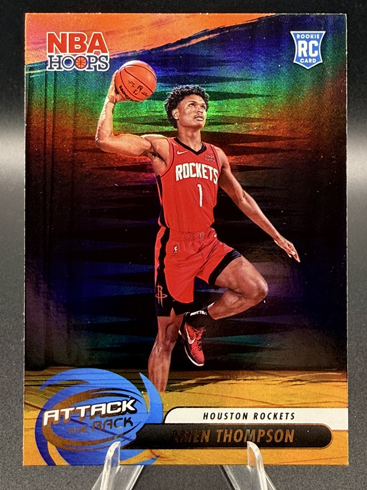 Amen Thompson 2023-24 Panini NBA Hoops Rookie Attack The Rack Holo #2 Rockets Rc