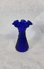 Vintage Fenton Cobalt Blue Wheat Glass Vase Ruffled Edge 7-1/2" Tall NICE