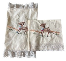 Vintage Set Of 2 Embroidered Cute Baby Deer Fawn Pillowcase Lace Edging NWOT