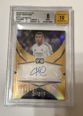 2024-25 Panini Select Signatures Kylian Mbappe Gold Prizm 1/10 BGS 8 AUTO 10