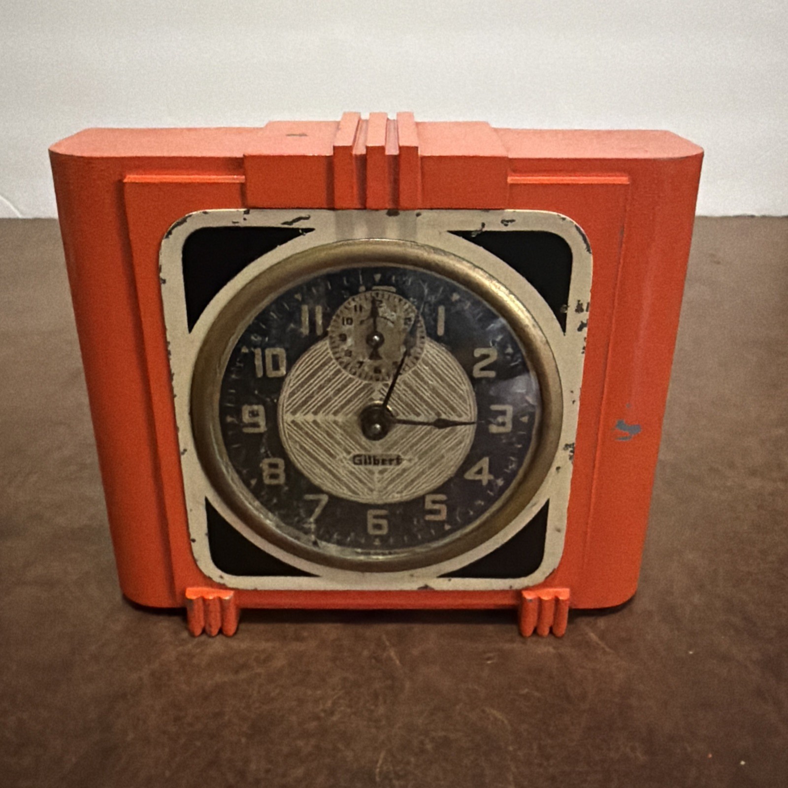 Vintage Gilbert Orange Skyscraper Art Deco Mantle Alarm Clock Mechanical Working