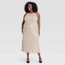 A New Day Women's Sequin Midi A-Line Dress Halter Neckline Side Slit Tan L