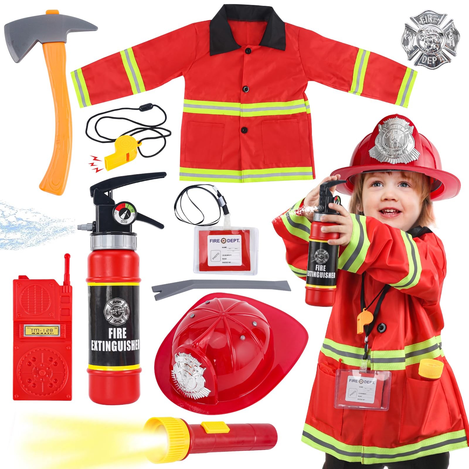 Fireman Costume for Kids, 10 Pcs Firefighter Costume with Toy Accessories Set,