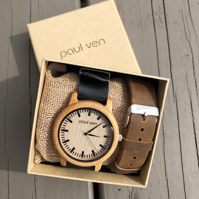 Paul Ven Liberty Wood Watch Interchangeable Bands Needs Battery EUC