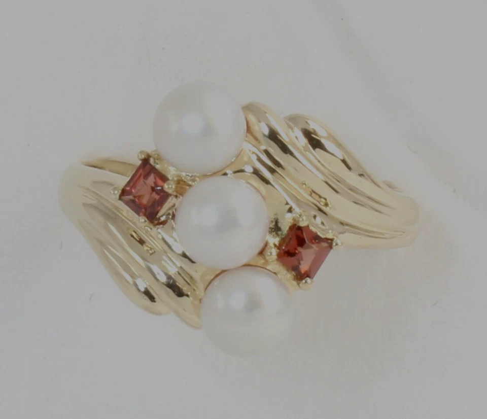 Anillo de cóctel vintage de oro de 14k corte princesa naranja gema y perla damas talla 7 Foto 2 de 4