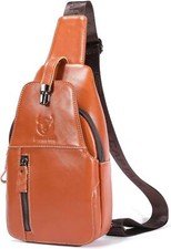 BULLCAPTAIN Genuine Leather Sling Bag Mens Crossbody Backpack Hiking Brown