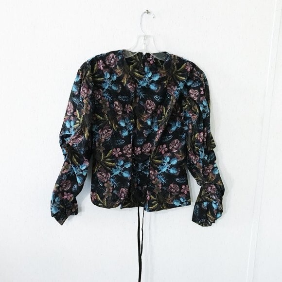 Topshop Floral Top Ruched Sleeve Corset Tie Front Pleated