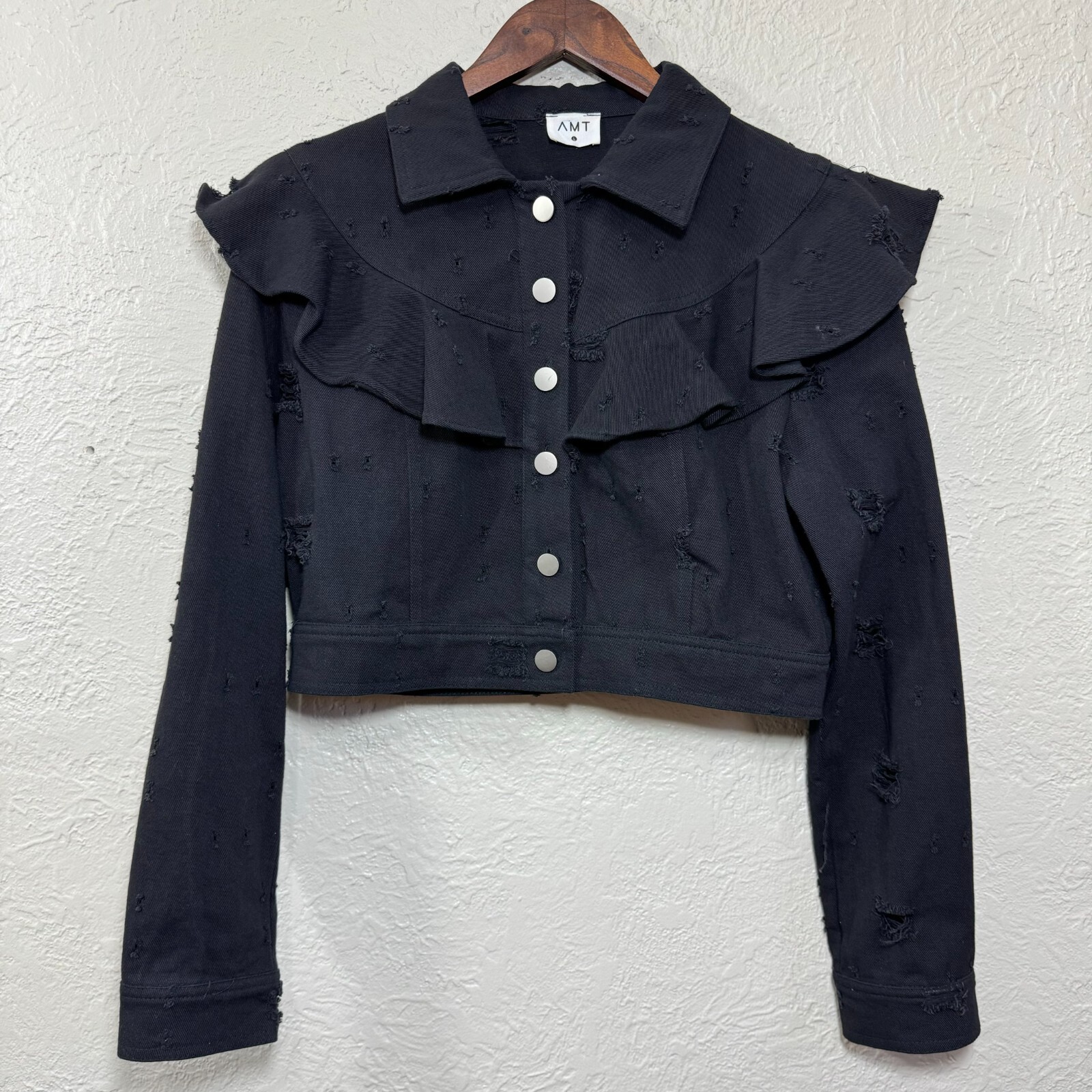 AMT Above Mediocre Taste Jacket L Cropped Denim Jean Ruffle Ripped Thrash Grunge