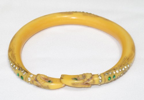 Vintage Celluloid Bracelet Bangle Rare Art Nouveau Double Ram Head Rhinestone - Picture 2 of 6