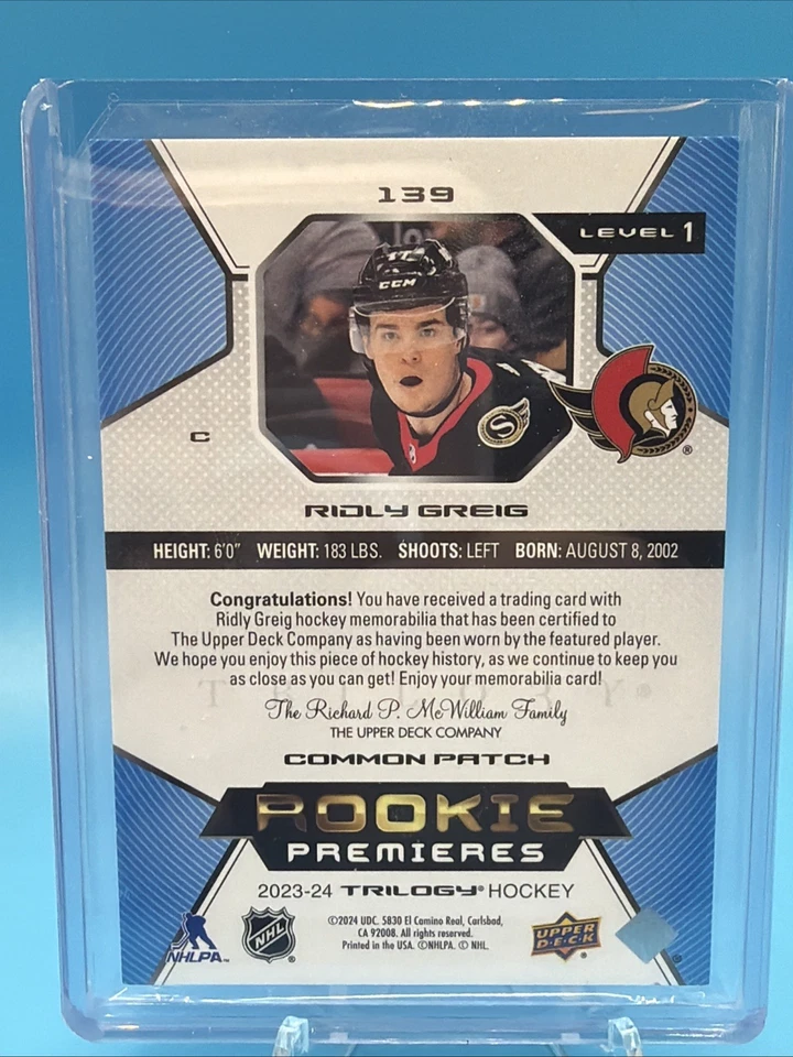 3 CLR ROOKIE RC PATCH /49! 2023-24 UD Trilogy # 139 RIDLY GREIG OTTAWA - Image 2 of 4