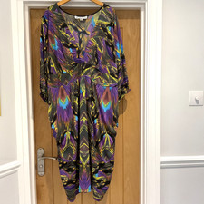 Anna Scholz Purple/Yellow/Blue Silk Drape V-Neck Midi Dress Size UK26