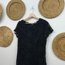 Elie Tahari Neutral Black Lace Layered Short Sleeve Below Knee Midi Dress 12