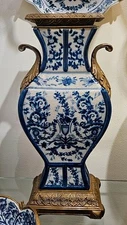 Blue, White Porcelain Chinoiserie Mantel Vase.Bronze Accents.Hand Painted-18”H