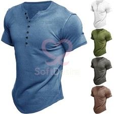 Mens Short Sleeve Henley T-Shirt Casual V Neck Slim Fit Muscle Tops Blouse Tee