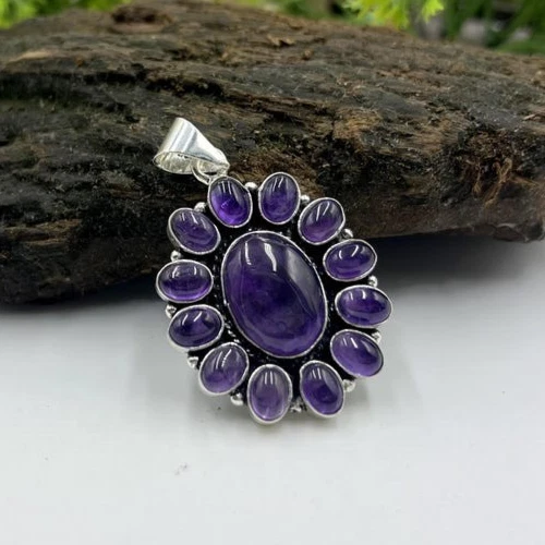 Colgante de piedras preciosas con flor de amatista púrpura hecho a mano joyería de plata de ley Foto 3 de 4