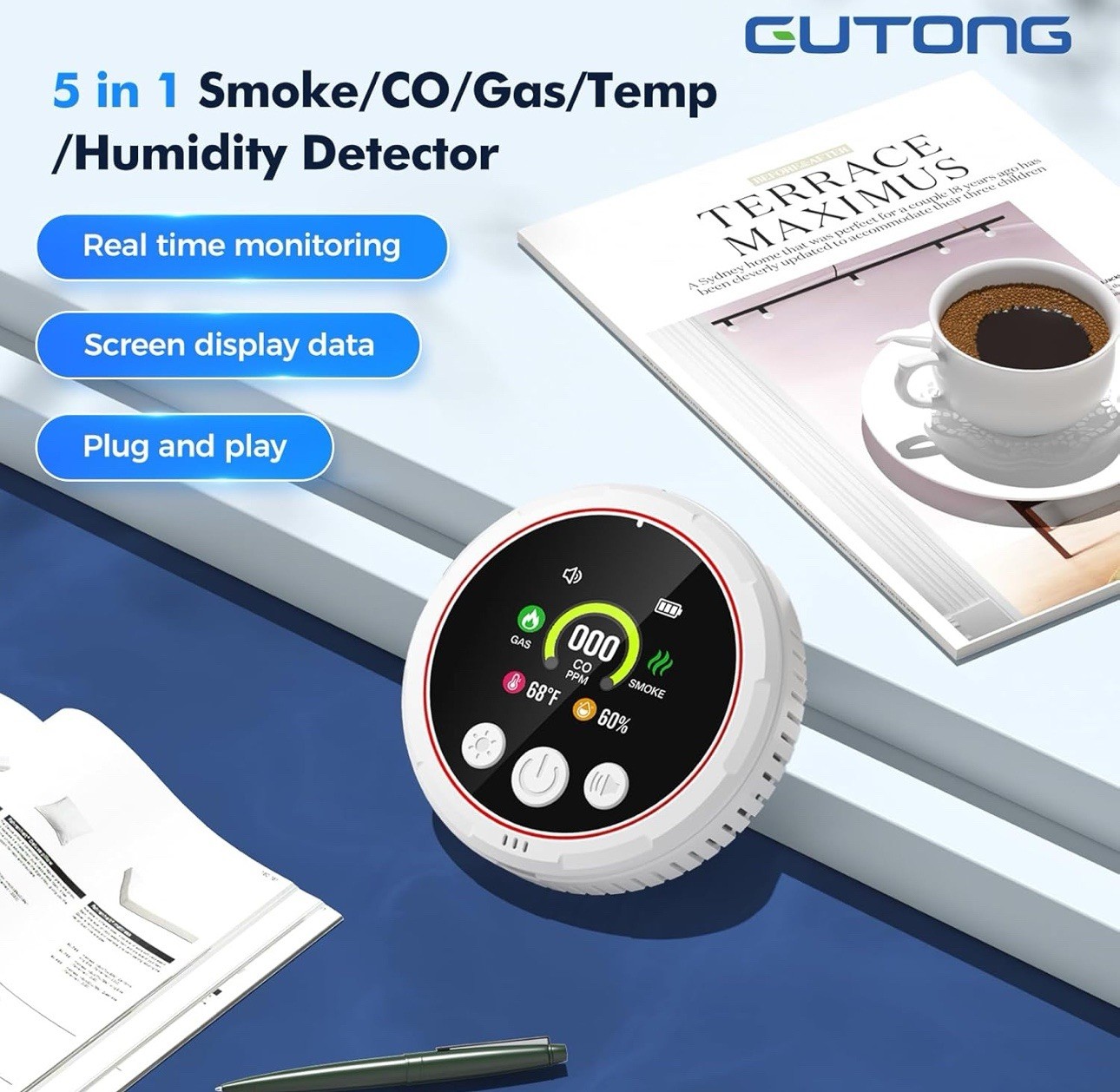 Portable 5-in-1 Carbon Monoxide,Smoke & Gas Alarm–HD Display, Home & Travel Use