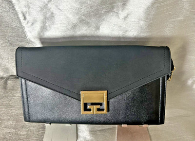 Black Leather Envelope Clutch Gold Tone G Style Evening Bag Chic Slim