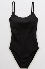 Aerie Ribbed Tie Back Full Coverage Minimalist Boho One Piece Swimsuit Black M