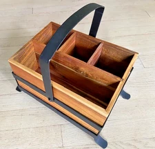 Utensil and Napkin Holder Flatware Caddy with Handle in Wood with Metal Frame