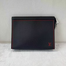 Auth Louis Vuitton Pochette Voyage MM Black Taiga Leather Red Trim Clutch