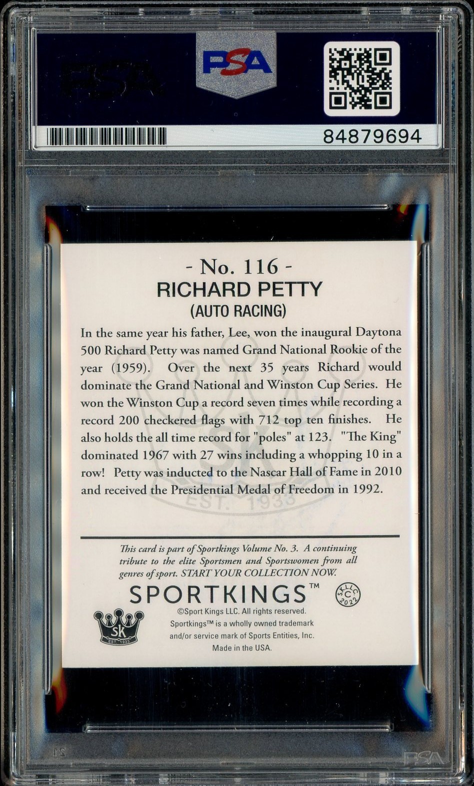 Richard Petty NASCAR HOF Signed Autograph 2022 SportKings Card 116 PSA 10 AUTO view 2