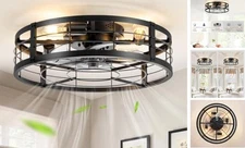  20" Caged Ceiling Fan with Light and Remote, Low Profile Flush 20 Inch Black