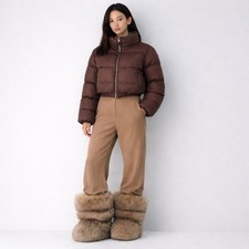 Women's Brown Puffer Jacket Quilted Duck Down Collared Padded Zip Short Size S