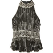 Vintage Papell Boutique Evening Silk Beaded Halter Top Womens Small Black Silver