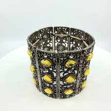 Vintage Silver Tone Yellow Panel Stretch Bracelet Crystal Stone Statement Chunky