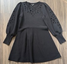 Express Black Knit Cut Out Puff Long Sleeve Crew Knee A-Line Dress M Pullover