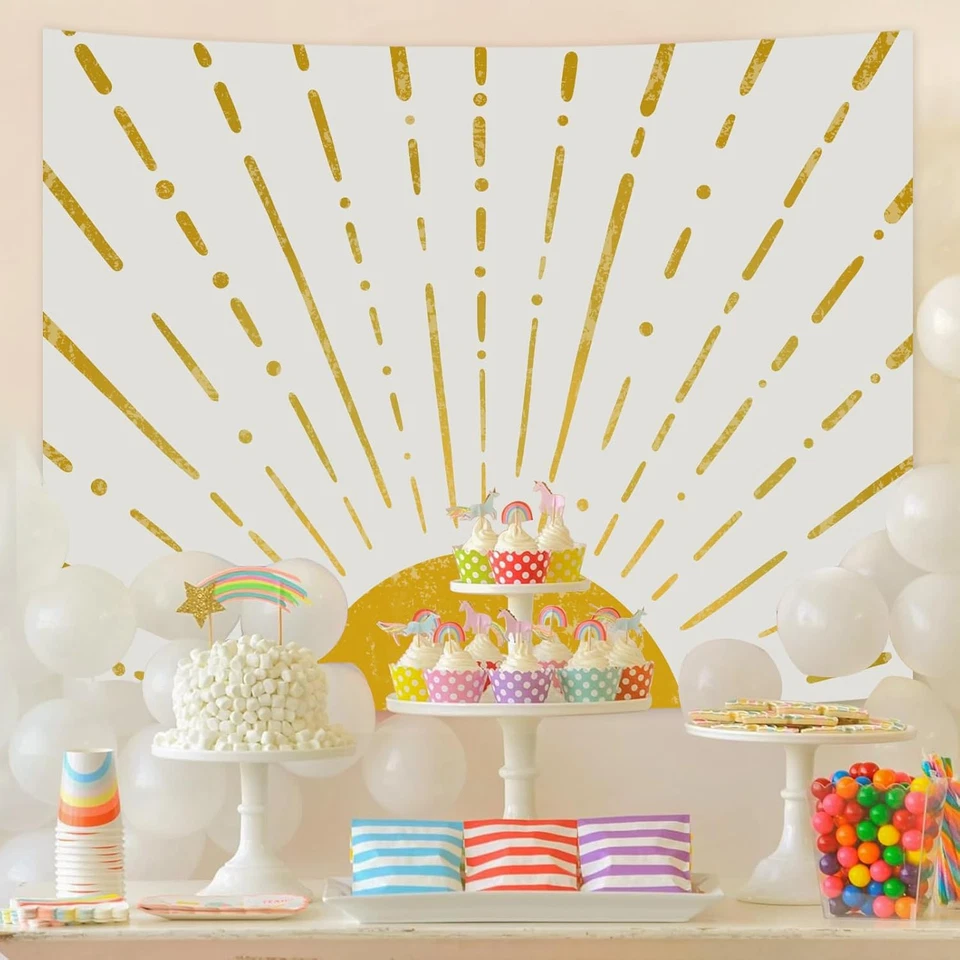 Tapeçaria de sol ardente boho dourada pendurada na parede, retrô 70S abstrata geometria vintage - Imagem 3 de 4