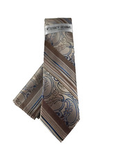 Stacy Adams Men's Tie  Hanky Beige Cobalt Blue Rust Stripes Paisley 3.25" Wide