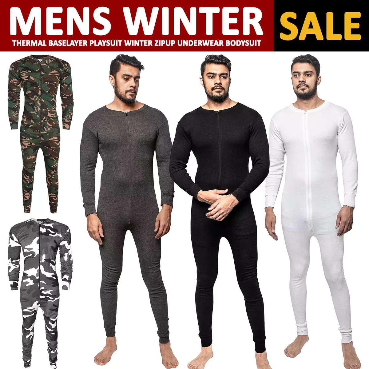 MENS BASELAYER THERMAL JUMPSUIT ALL IN ONE UNDERWEAR PLAYSUIT ZIP