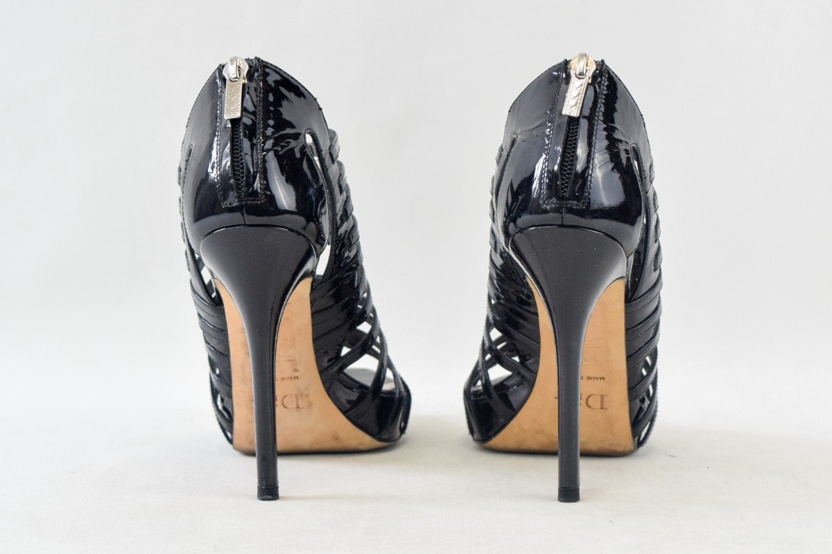 CHRISTIAN DIOR Patent Leather Stripes Cage Sandals Heels 37