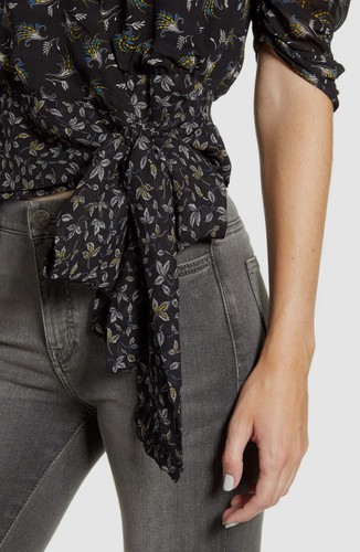 NWT $385 Bailey 44 Women Black V-Neck Ruched Wrap Puff-Sleeve Blouse Top Size S - Picture 4 of 6