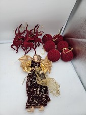 12 Flocked Maroon Deer Reindeer Round Christmas Ornaments and Angel