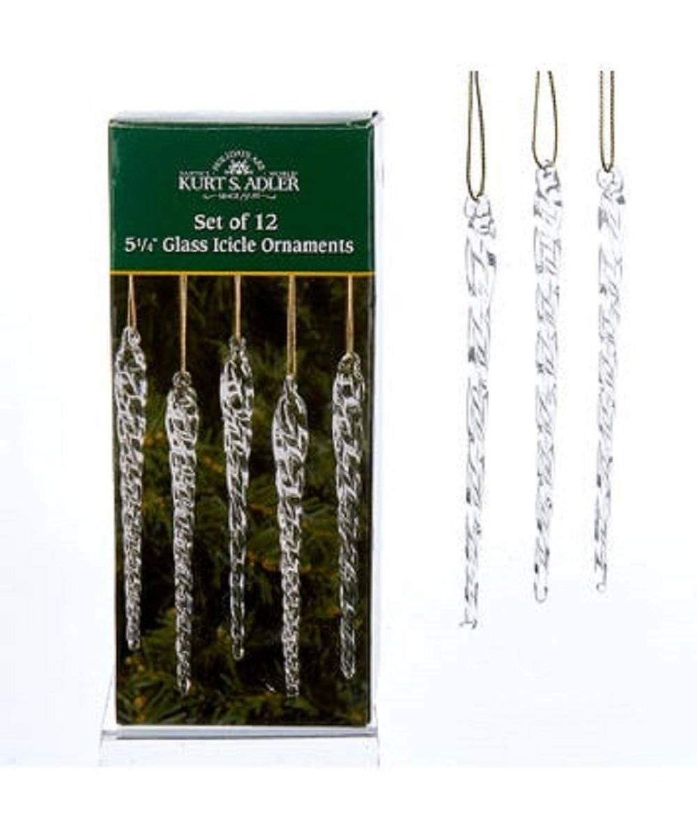 Kurt Adler Twisted Clear Glass Icicle Ornaments 12 Piece Set 5.25