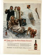 1959 Four Roses Whiskey in Alaska igloo dogsled bulldog Vintage Print Ad