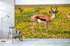 3D Springbok Grassland Flower Landscape Self-adhesive Removable Wallpaper Murals
