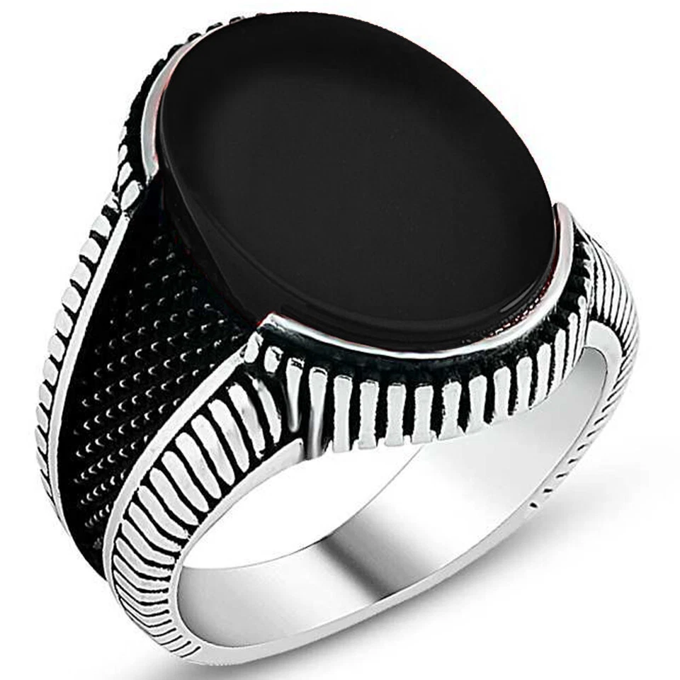 Anillo de plata esterlina 925 maciza estilo turco rojo verde ágata piedra de ónix para hombre Foto 2 de 4