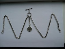 unusual double albert silver plated pocket watch chain lucky sixpence fob 6d fob